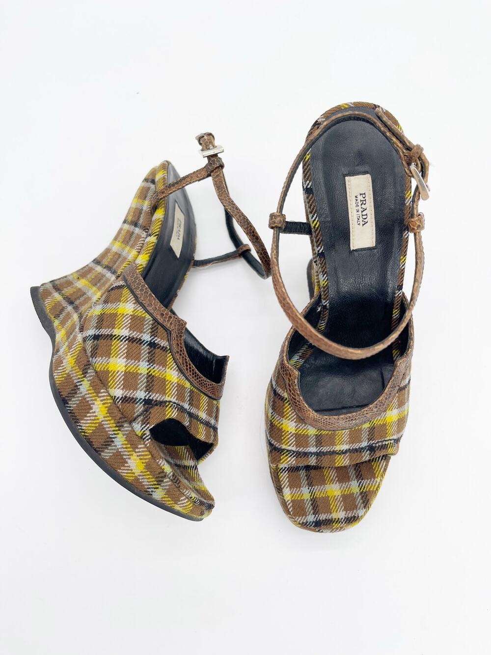 Prada Fall 2004 Runway Brown Yellow Plaid Preppy Sculptural Wedge Sandals IT 35